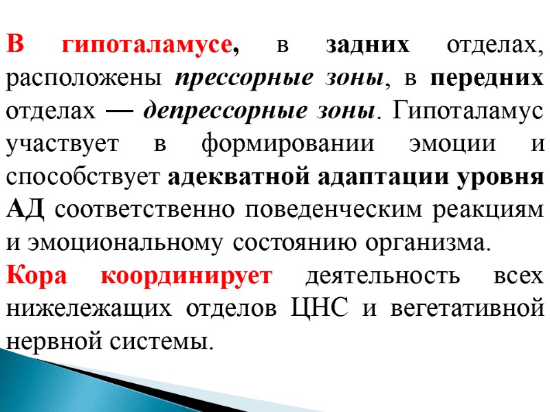 В гипоталамусе, в задних отделах, расположены прессорные зоны, в передних отделах — депрессорные зоны.